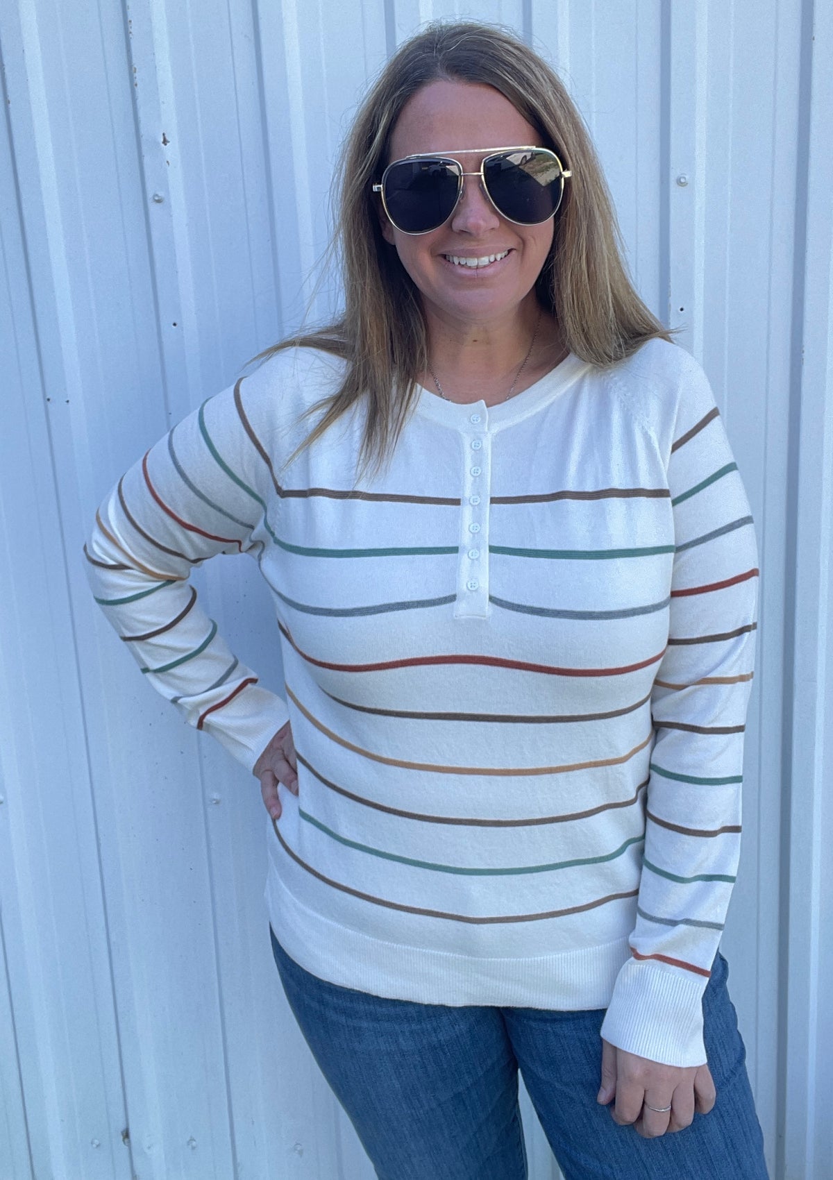 Ivory Multi Color Stripe Half Buttons Raglan Sleeve Pullover Knit