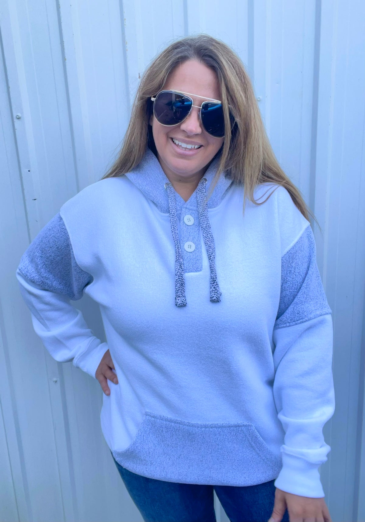 WHITE Nantucket Hooded Pullover With Henley Neck Opening Pullover