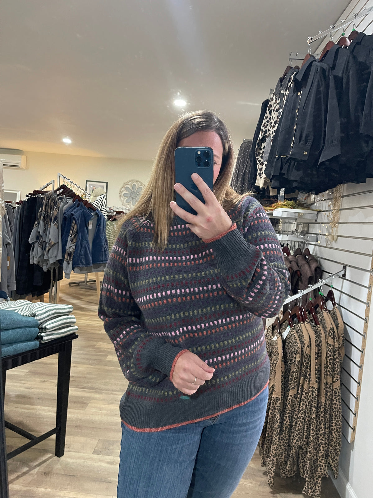 GUN METAL Multi Color Texture Striped Crew Neck Long Balloon Sweater