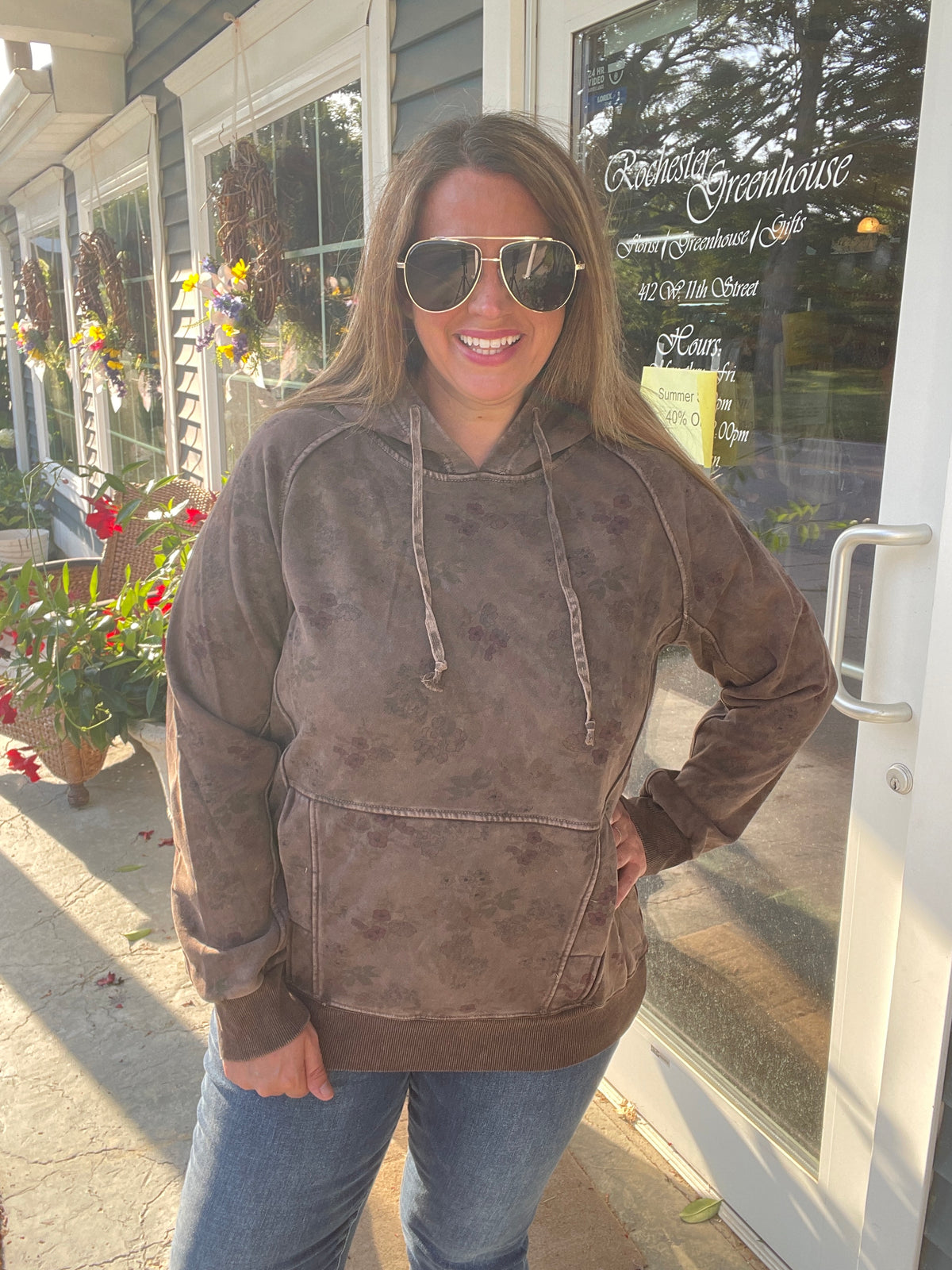 CHOCOLATE BROWN FLORAL MINERAL WASH HOODIE