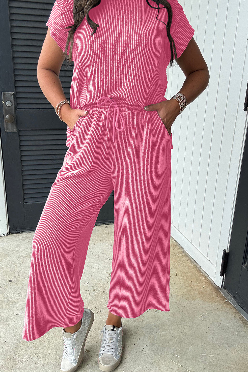 PINK RAISED RIBBED WIDE LEG PANT SET