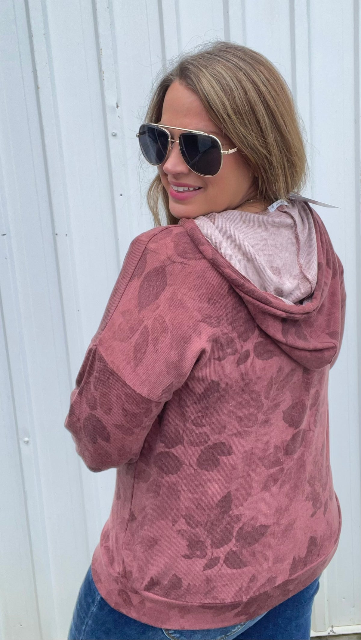MARSALA Half Button, Long Sleeve, Floral Printed Drawstring Hoodie
