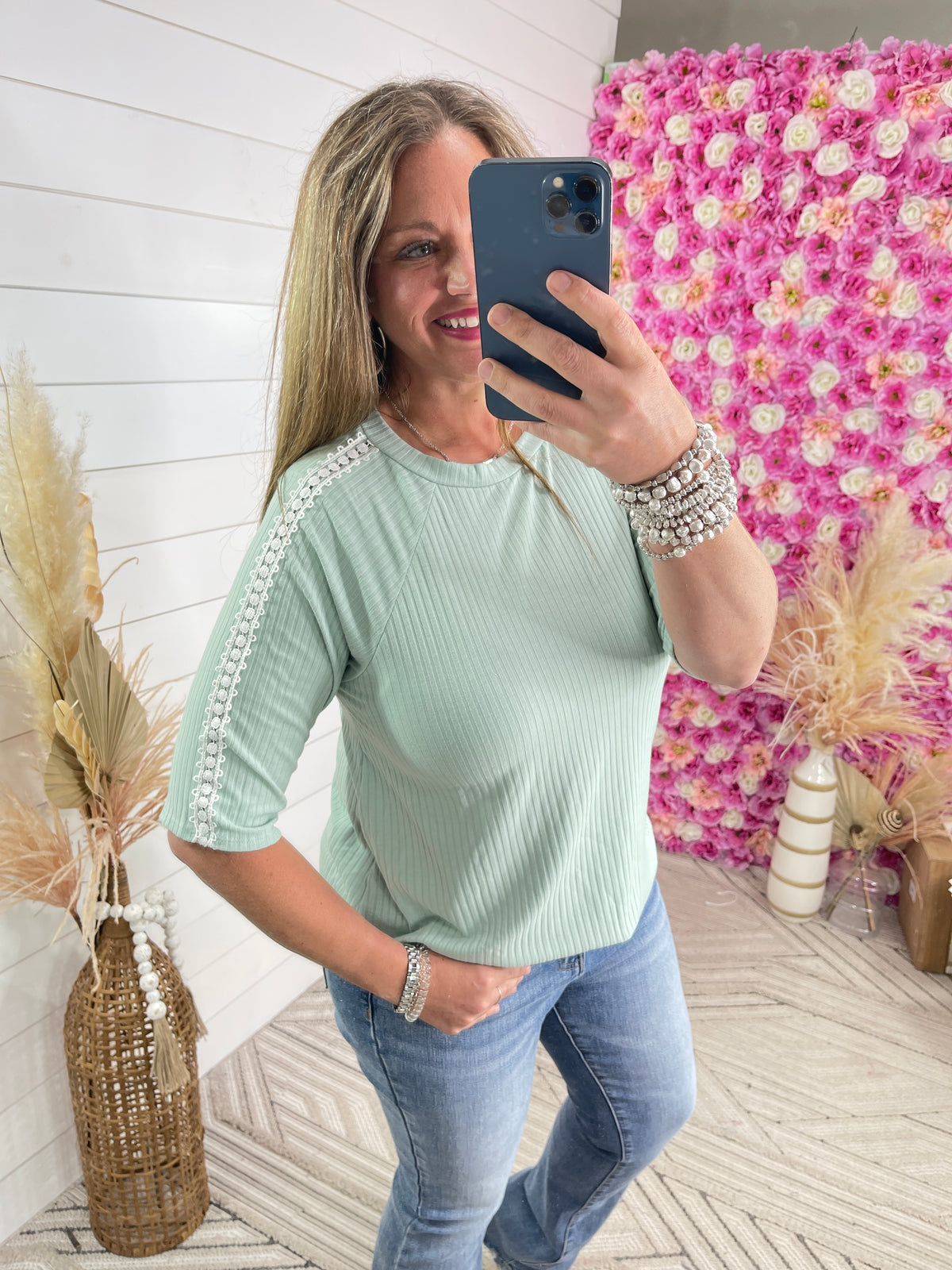 SAGE RIBBED TOP W/ LACE TRIM