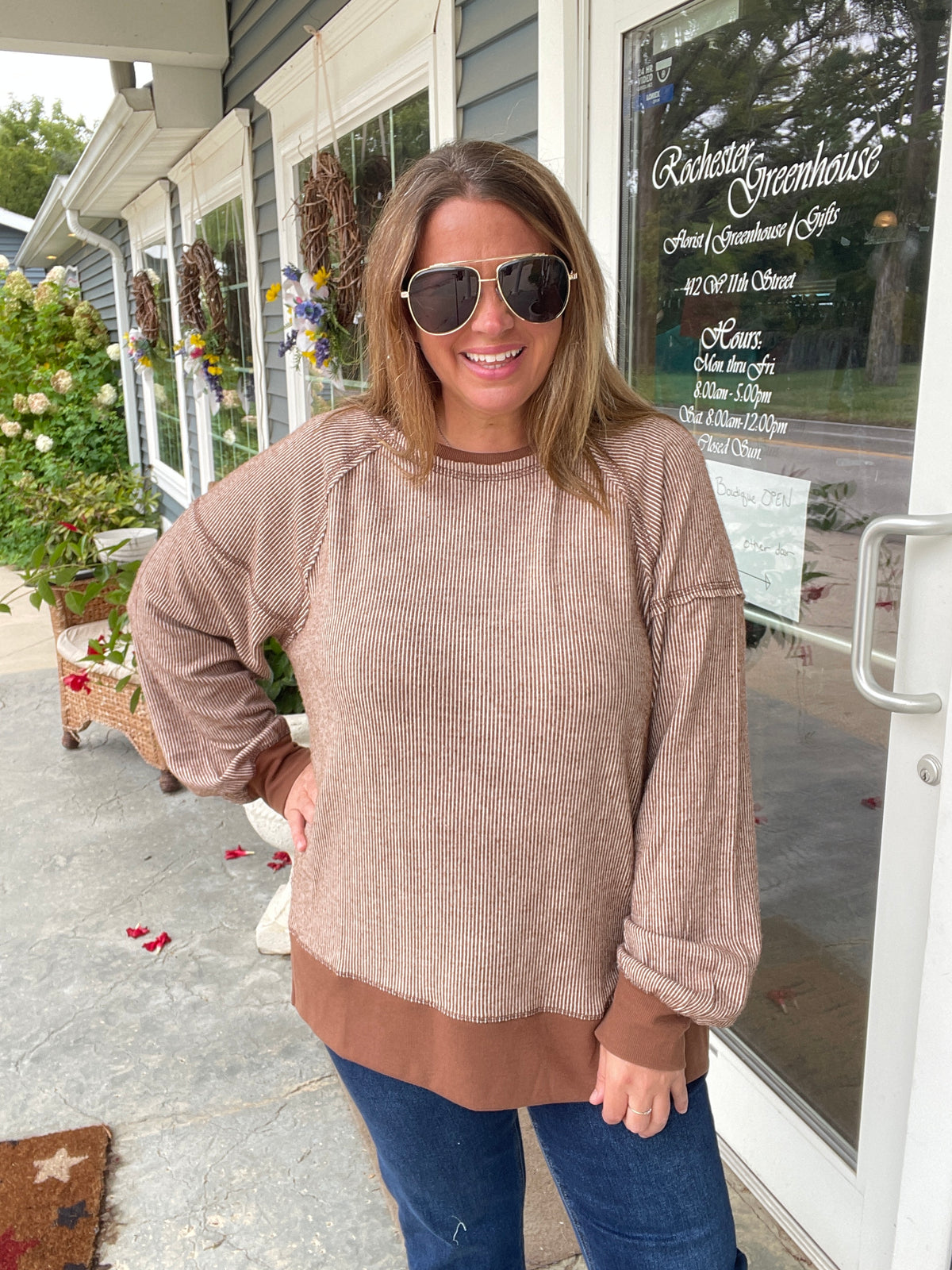 Chocolate pin striped knit top w/ side slit