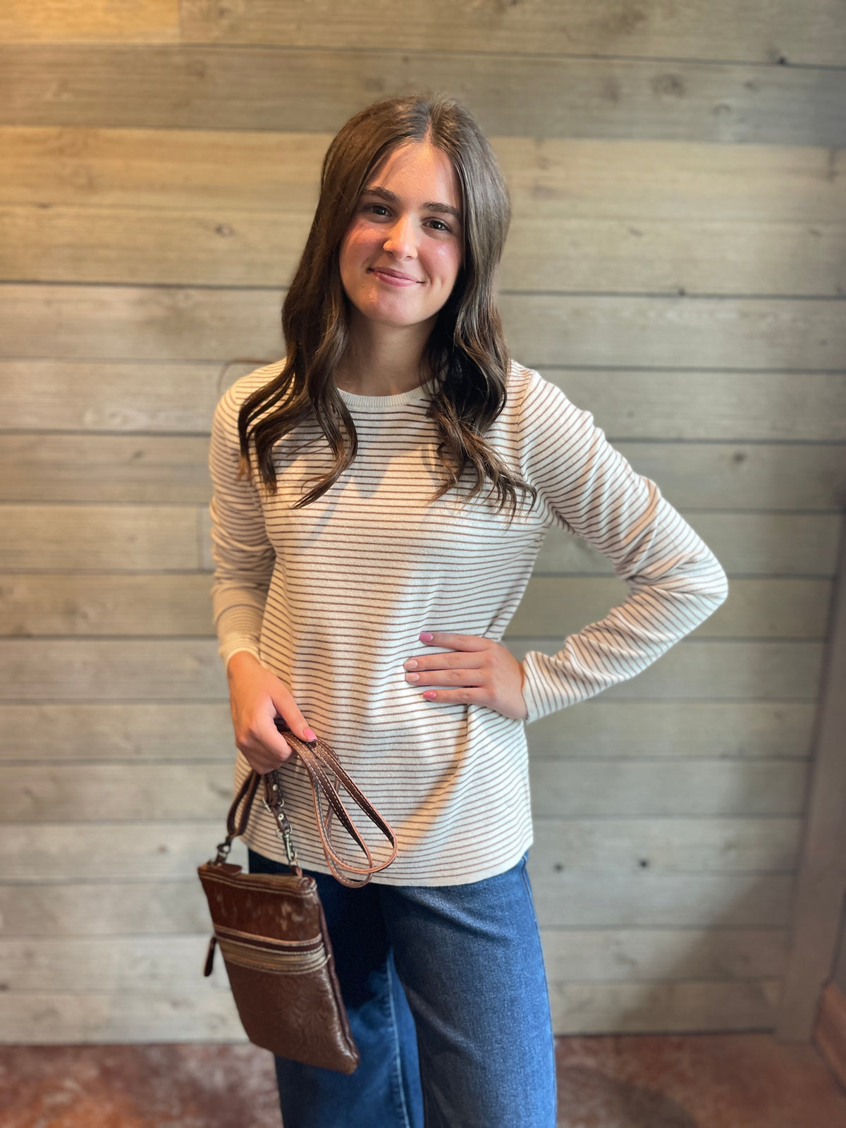 IVORY/MOCHA Long SleeveCrew Neck Pinstriped Sweater
