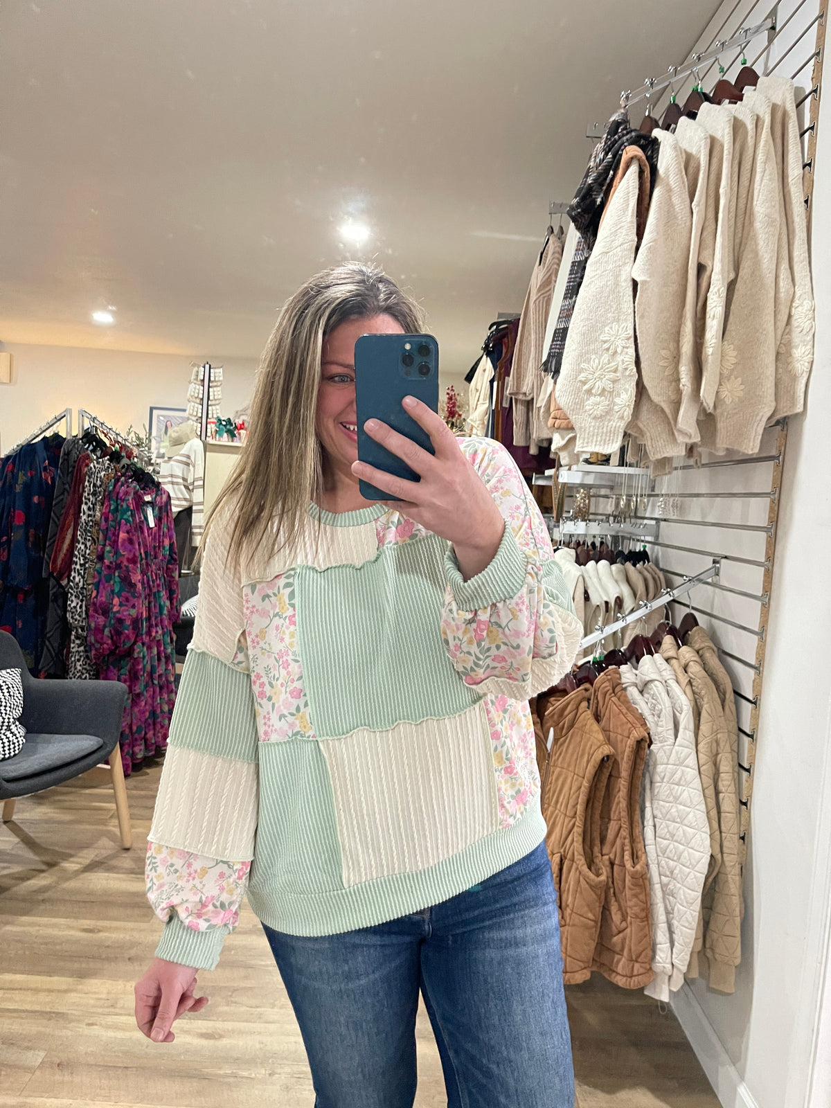 MINT FLORAL PATCHWORK LONG SLEEVE KNIT TOP
