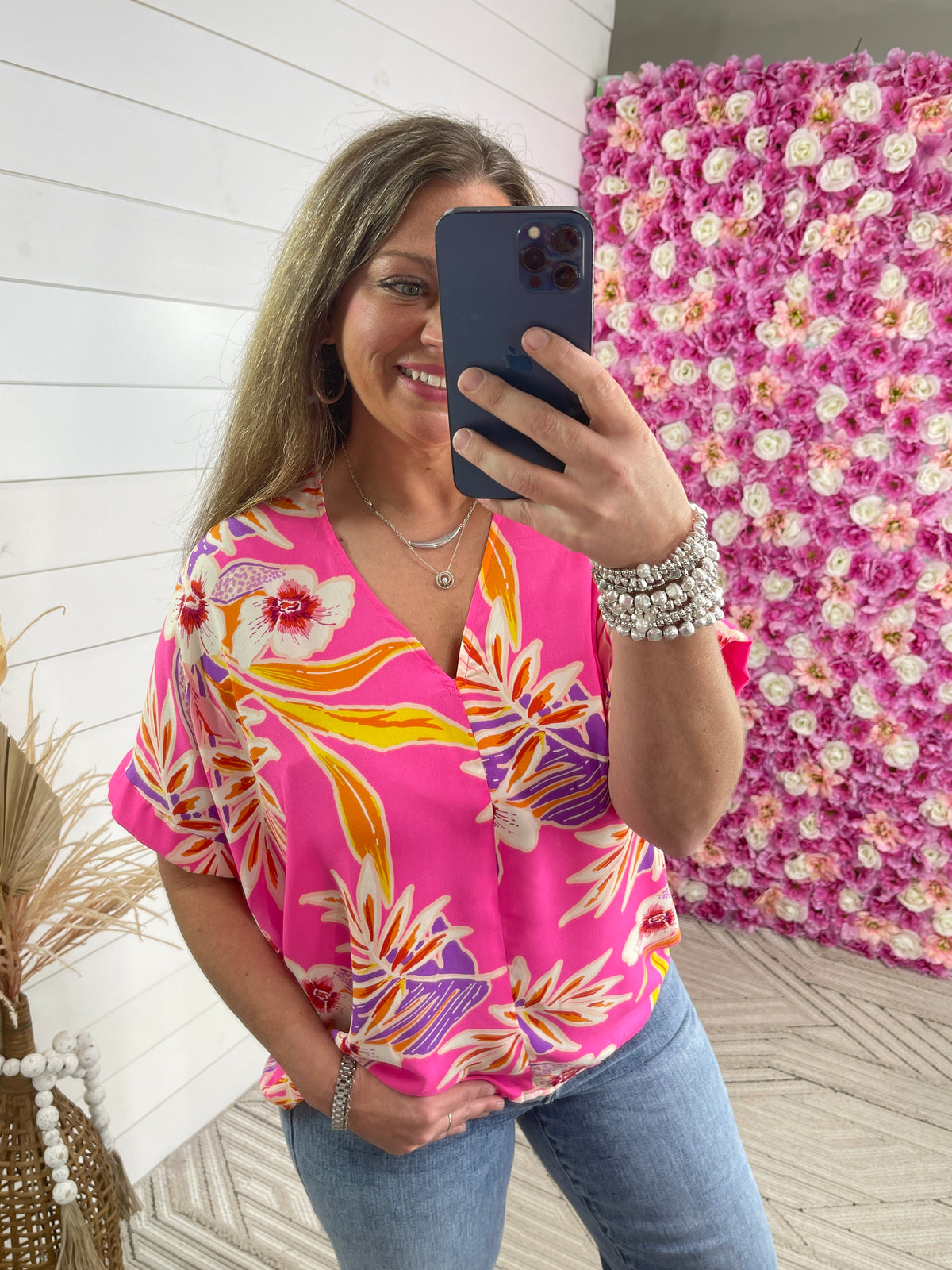 NEON PINK TROPICAL FLORAL TOP