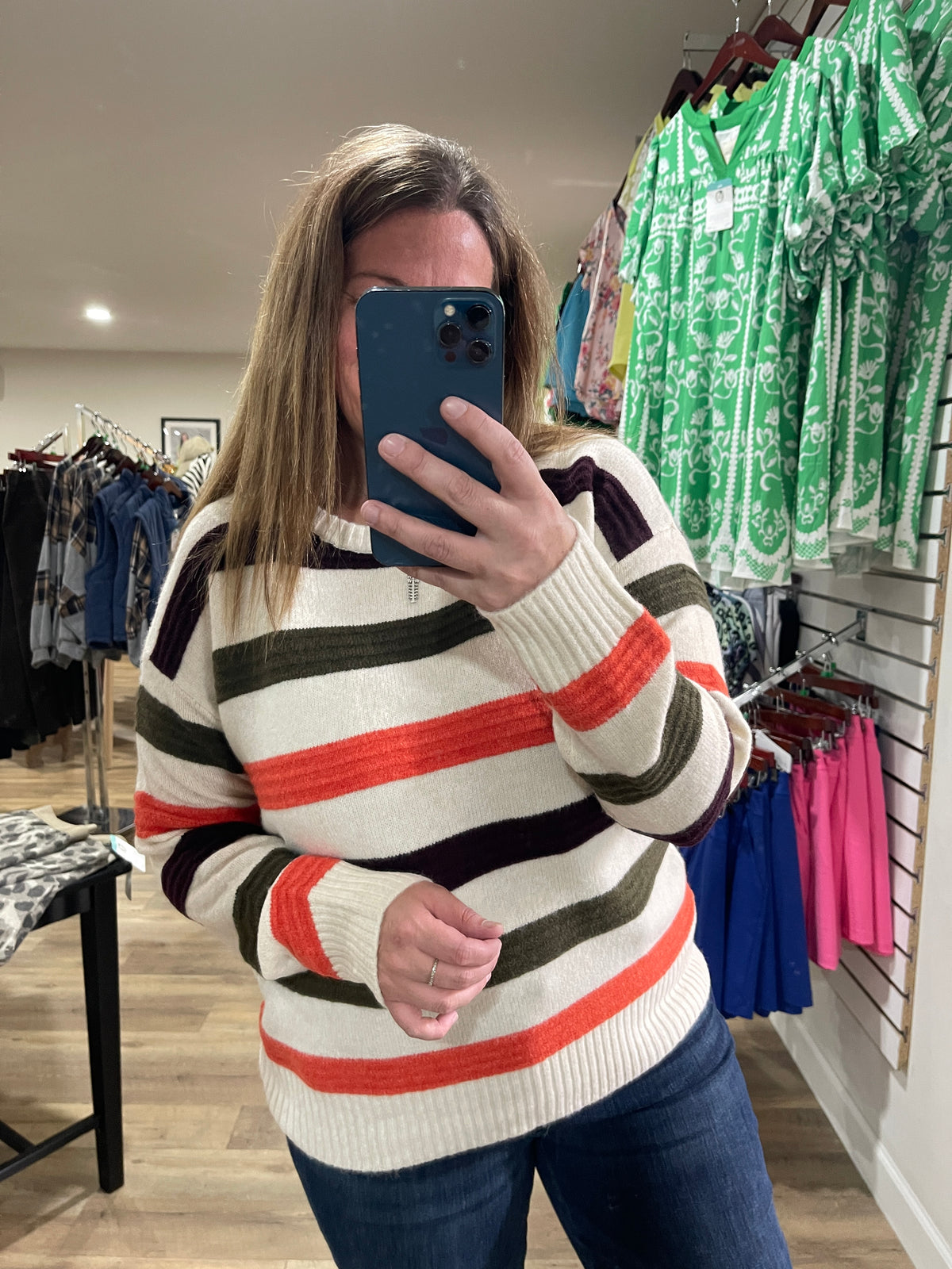 OLIVE/ORANGE Multi Color Pintuck Texture Striped, Long Sleeve SWEATER