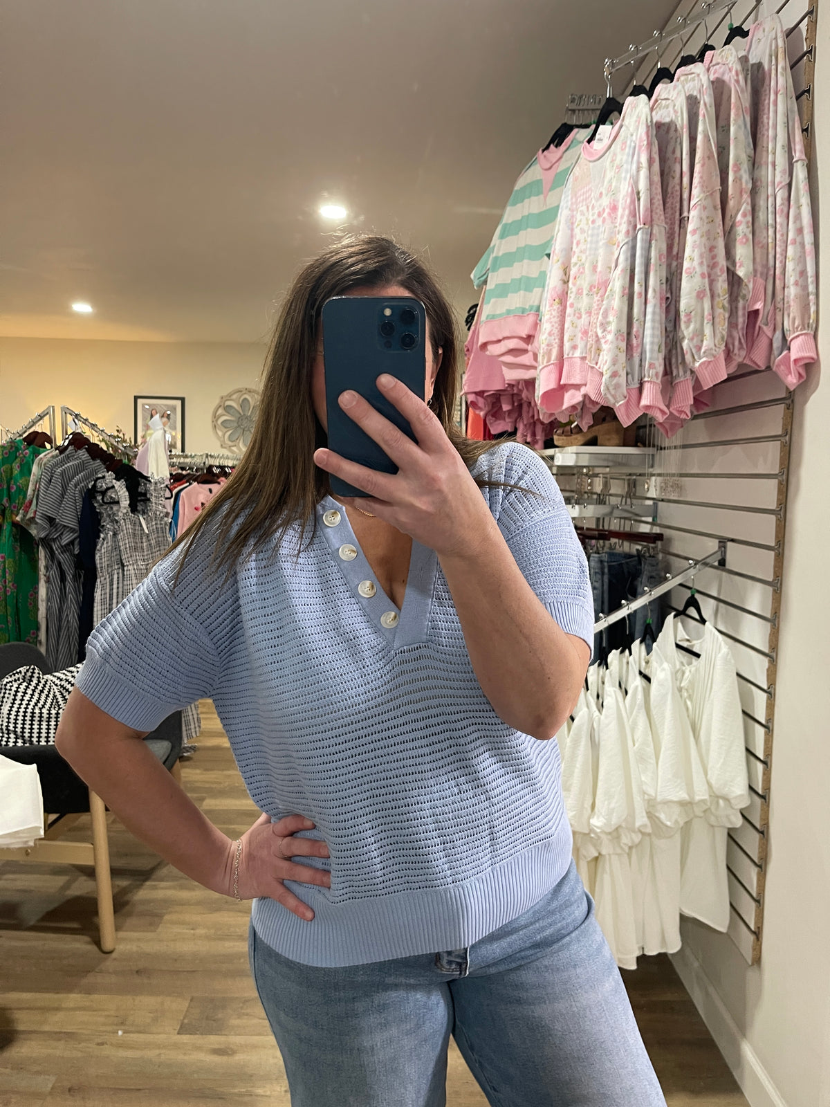 BLUE OPEN KNIT BUTTON SHORT SLEEVE SWEATER