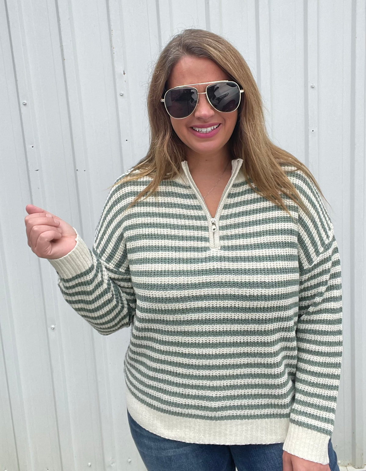 Dark Sage Half Zip Mock Neck Striped Pullover Sweater