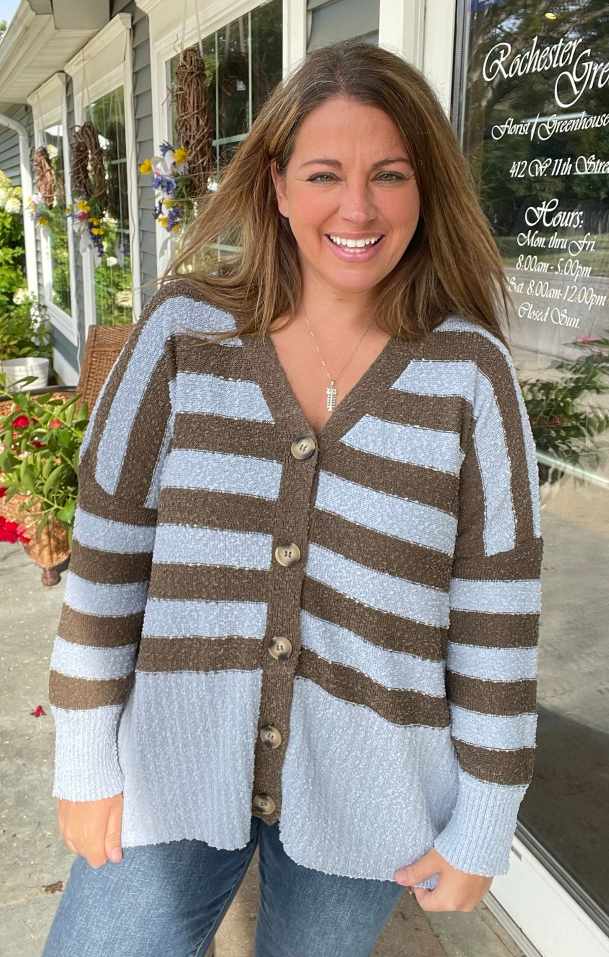 BROWN/SLATE BLUE STRIPED BUTTON OVERSIZED CARDIGAN SWEATER