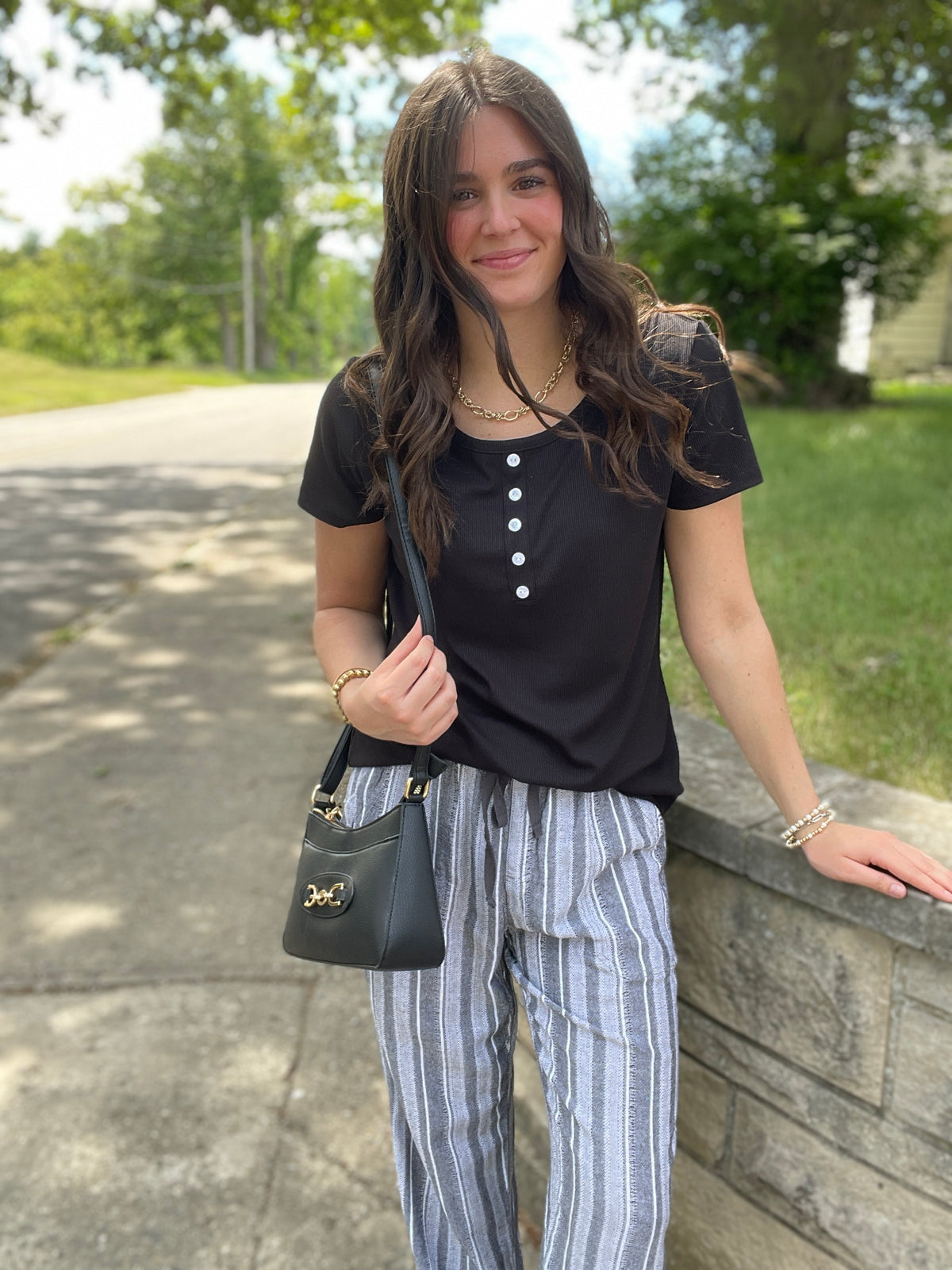 BLACK/WHITE STRIPED ELASTIC WAIST WOVEN PANTS