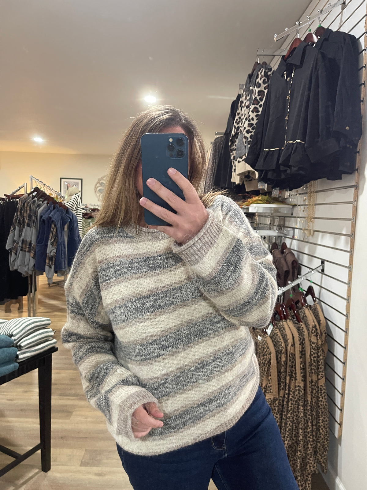 Light Mocha Heathered Multi-Stripe Raw Edge Knit Sweater