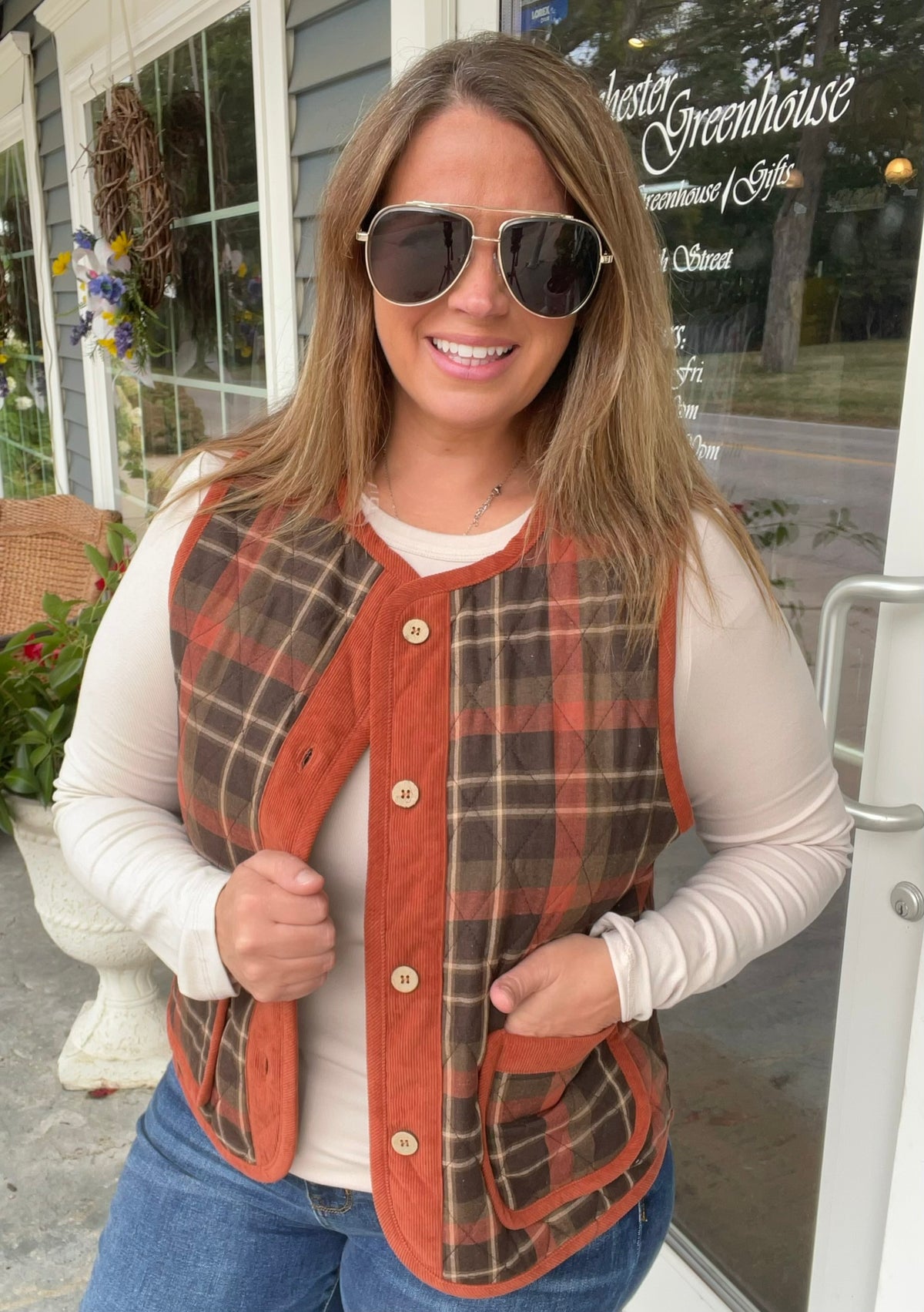 RUST/BROWN Crew Neck, Button Down, Patch Pockets, Corduroy/Plaid Vest