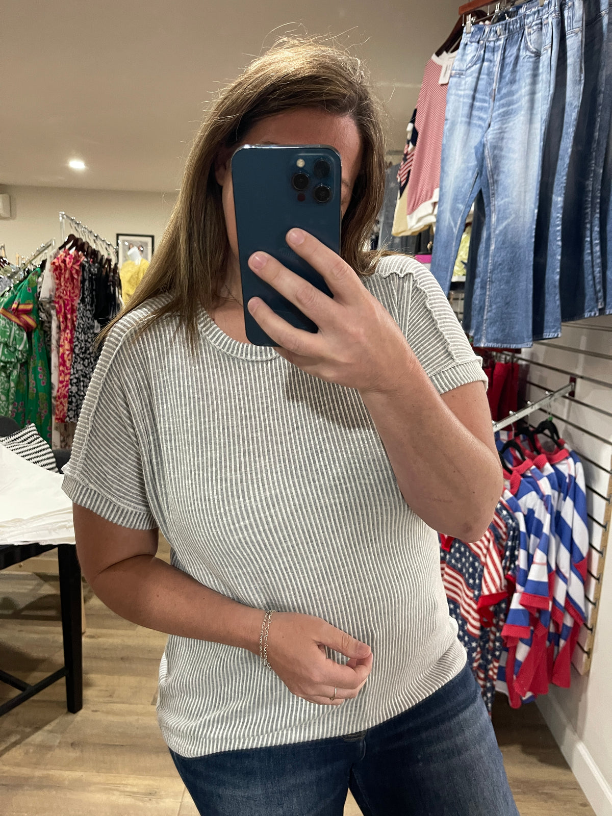 GREY WASHED RIBBED SHORT SLEEVE KNIT TOP