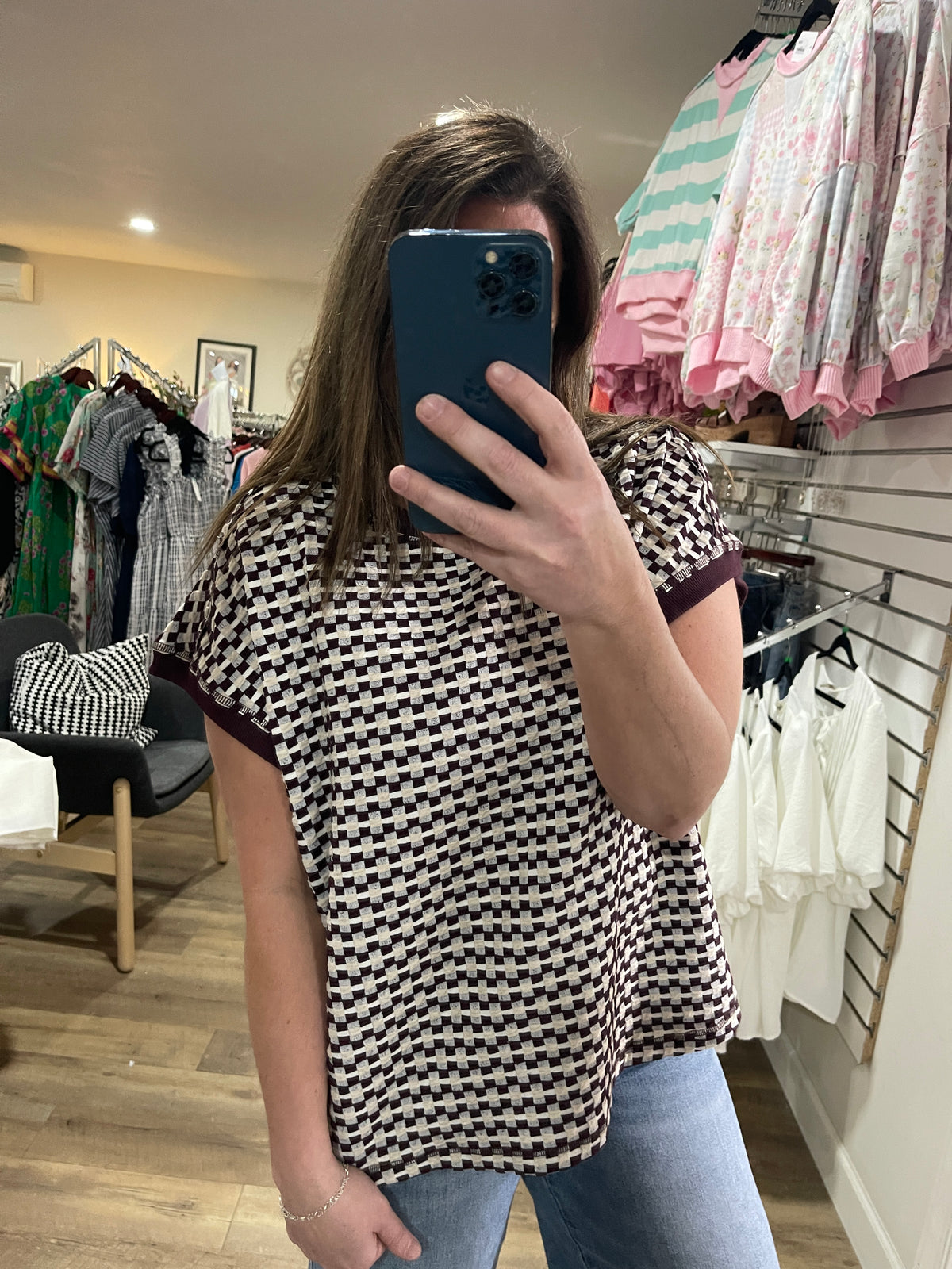 WINE/OATMEAL TEXTURED CHECK KNIT TOP