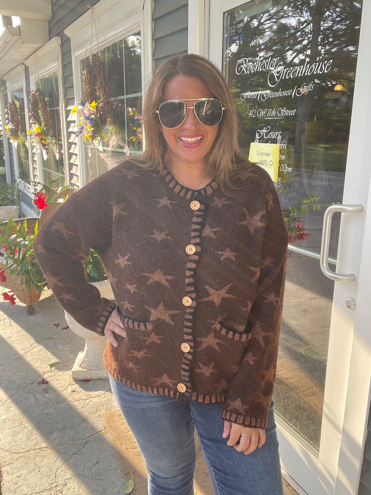 BROWN STAR BUTTON DOWN SWEATER/CARDIGAN WITH BLANKET STITCH