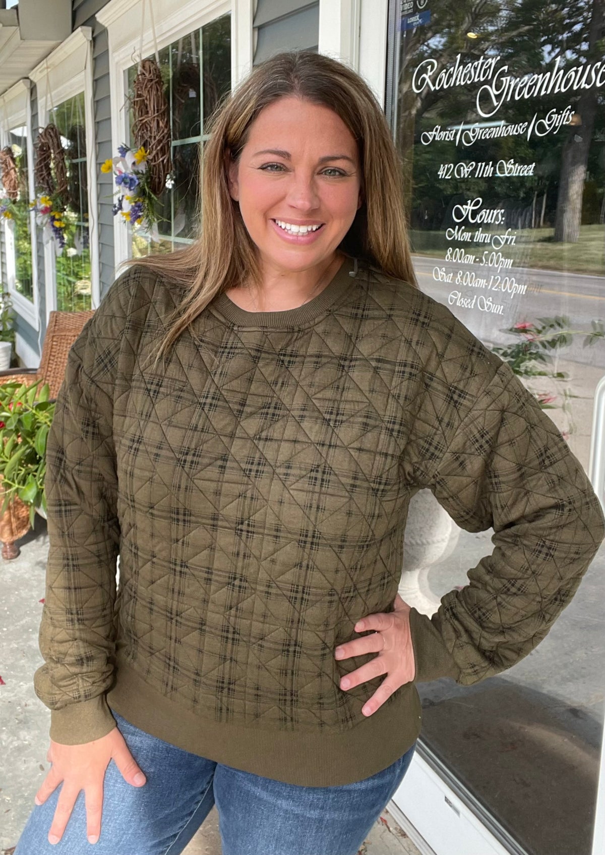 Olive Printed Quilted Pullover Crew Neck Knit Top, Rib Banded