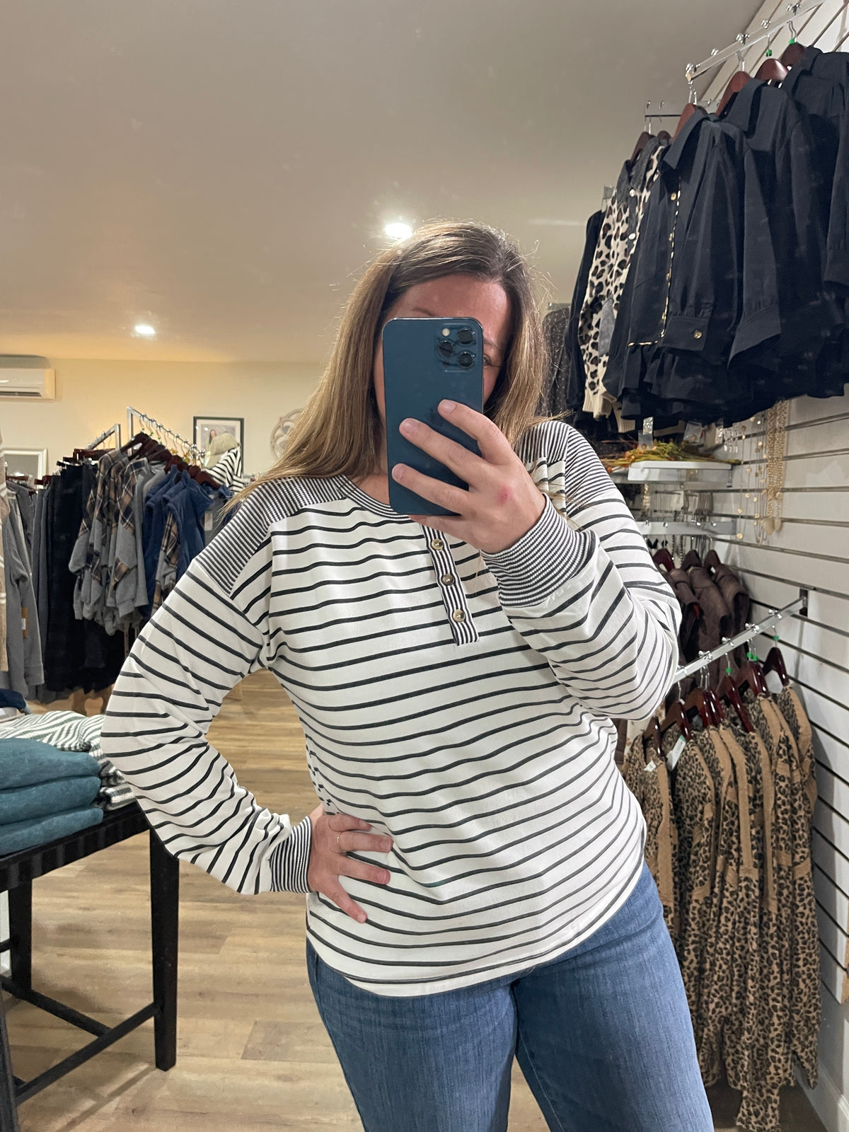 Ivory/Charcoal Half Button Long Sleeve Stripe Mixed Terry Top