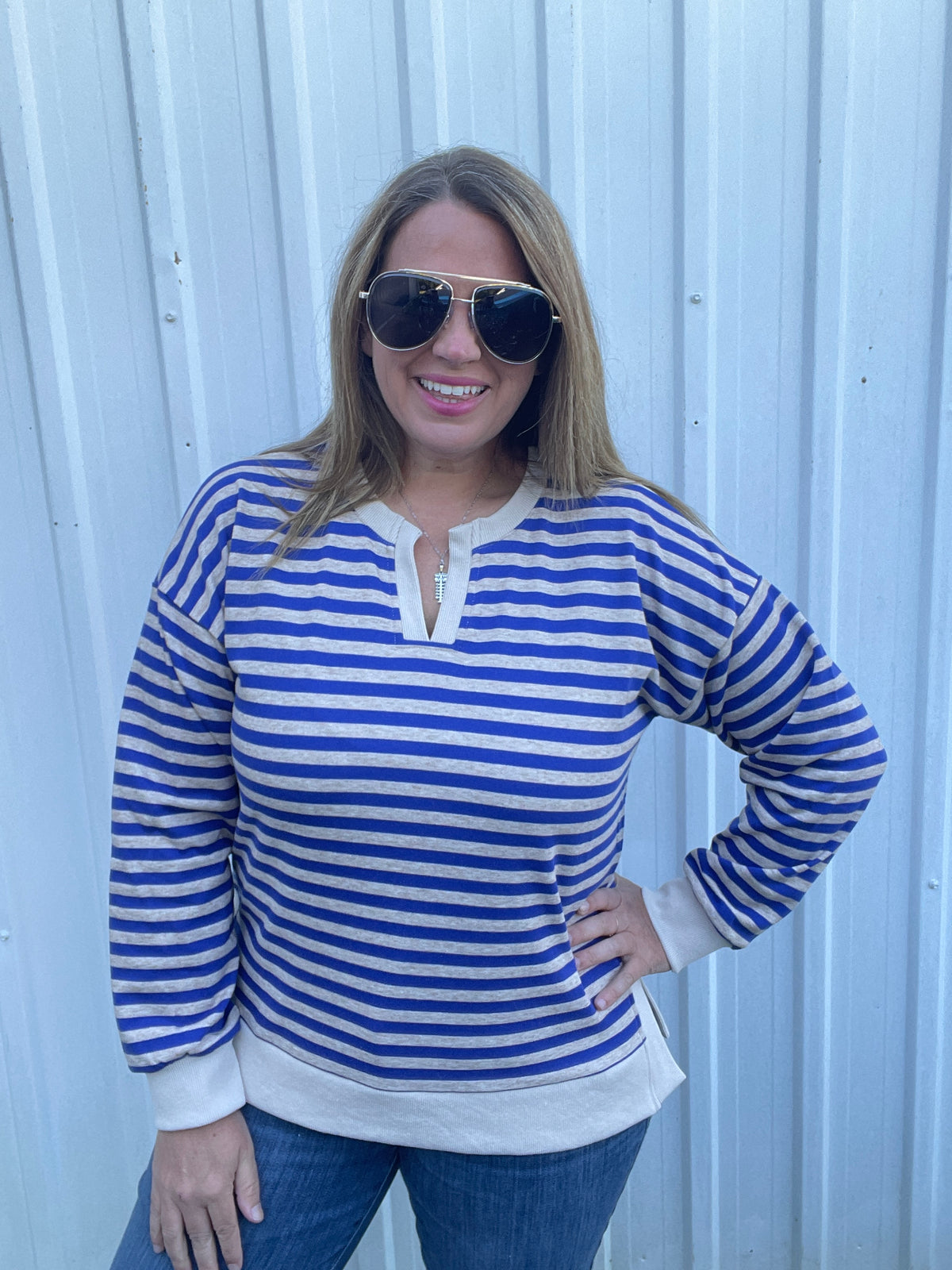 BLUE/OATMEAL Notch Neck Long Sleeve Stripe Top