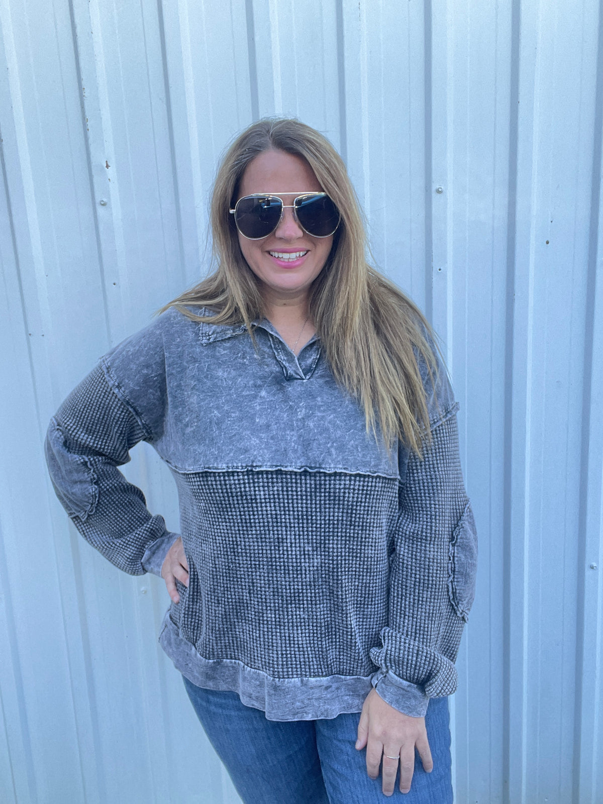 ASHED BLACK MINERAL WASH CONTRAST KNIT TOP