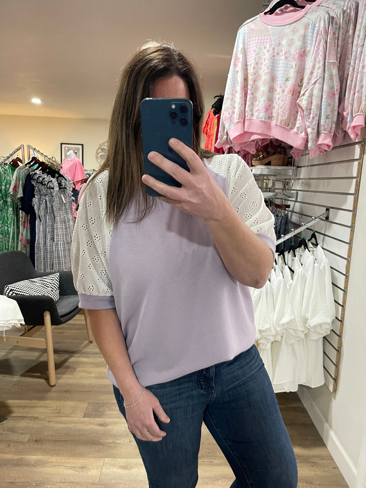 LAVENDER WAFFLE TEXTURE KNIT TOP W/ CROCHET LACE SHORT SLEEVES