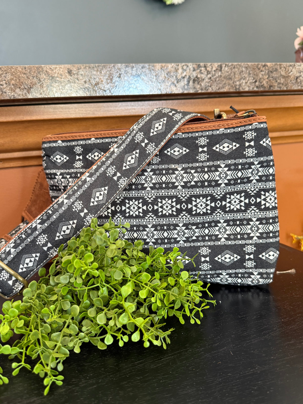 Tribal Hollow Cotton & Leather Crossbody Bag — Midnight Onyx