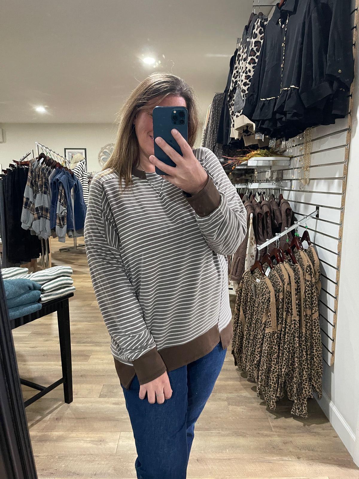 BROWN Drop Shoulder Long Sleeve Loose Fit Yarn Dye Stripe Knit Top With Ribbed trim