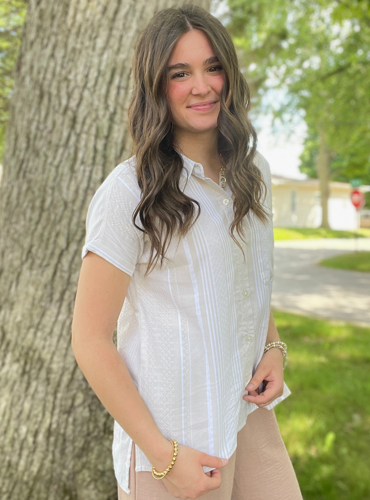 SAND/CREAM STRIPE DETAIL BUTTON FRONT WOVEN TOP