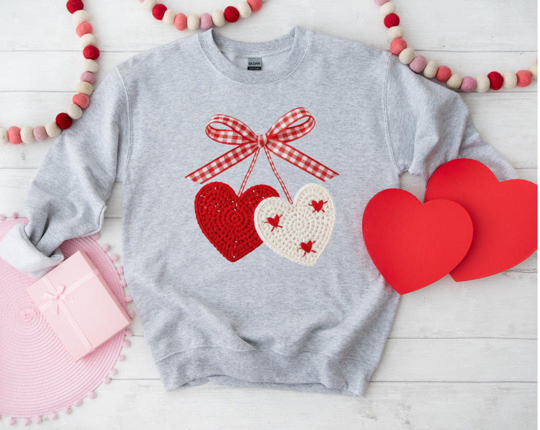 FAUX CROCHET HEART CHERRY GRAPHIC SWEATSHIRT