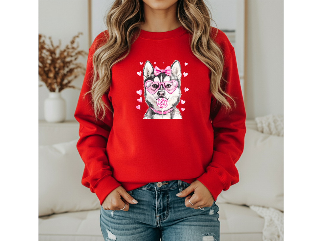 VALENTINE DOG LOLLIPOP- **red sweatshirt s-3xl**34 BREEDS - S-4XL - EACH SHIRT COLOR HAS IT'S OWN LISTING