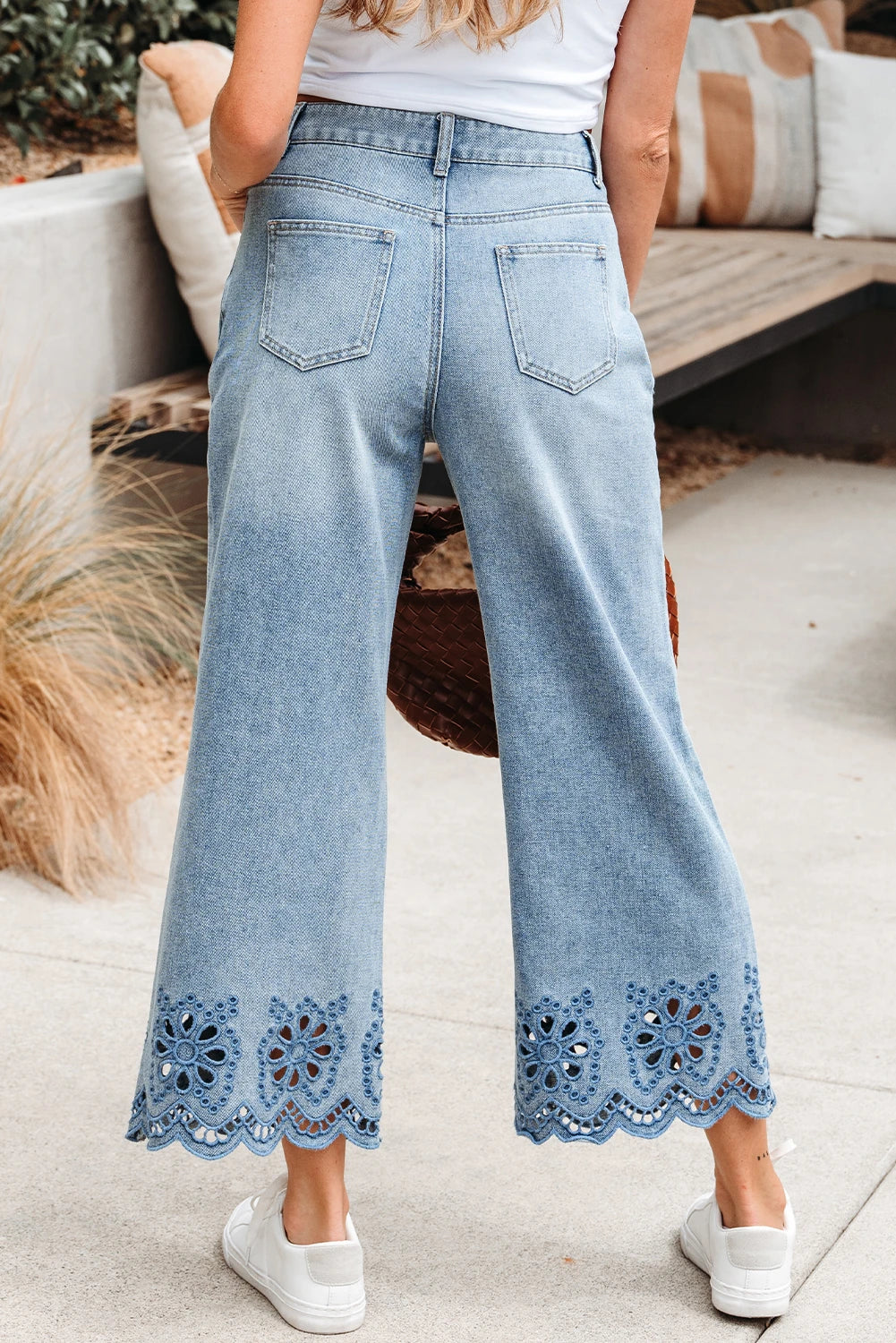 DENIM CROPPED WIDE LEG EMBROIDERED JEANS