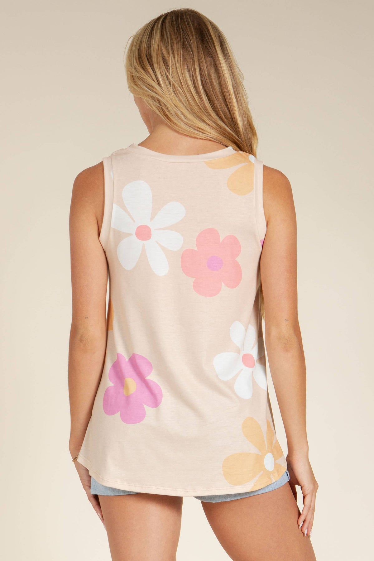 BOMBOM - TA2246 Blossom Pop Retro Floral Sleeveless Top: Blue / Floral / XL
