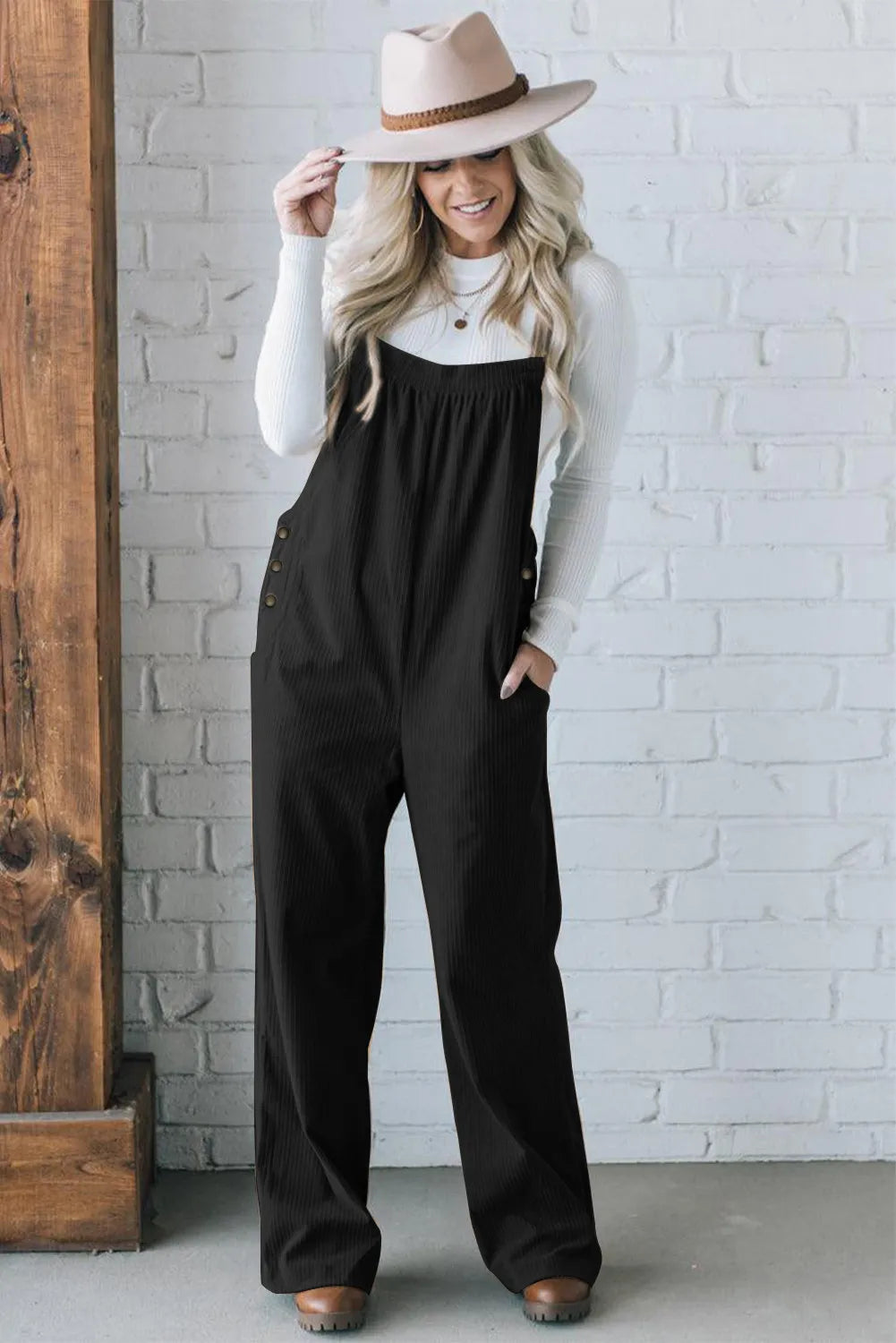 BLACK CORDUROY LOOSE FIT OVERALL