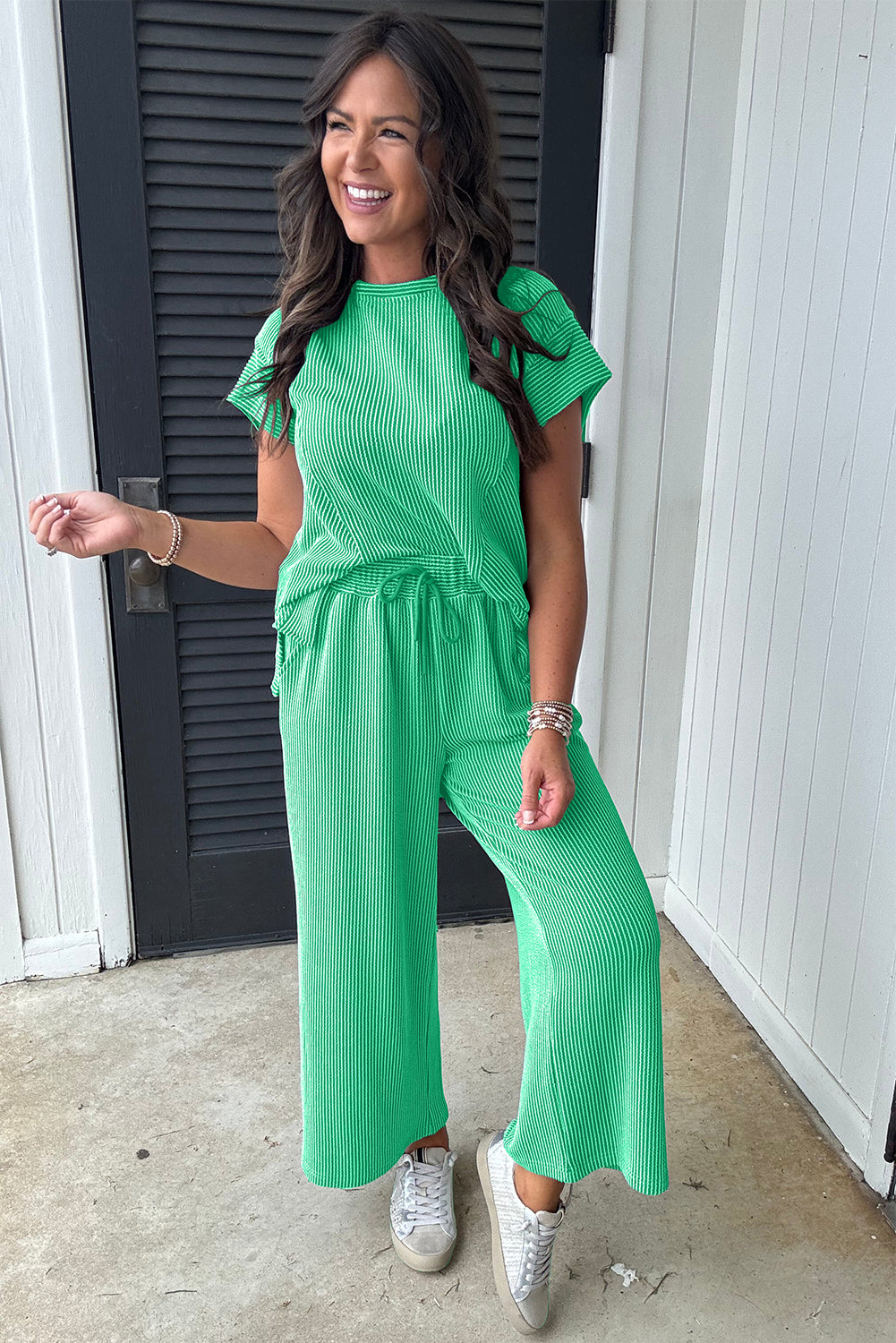 GREEN RAISED RIBBED WIDE LEG SET