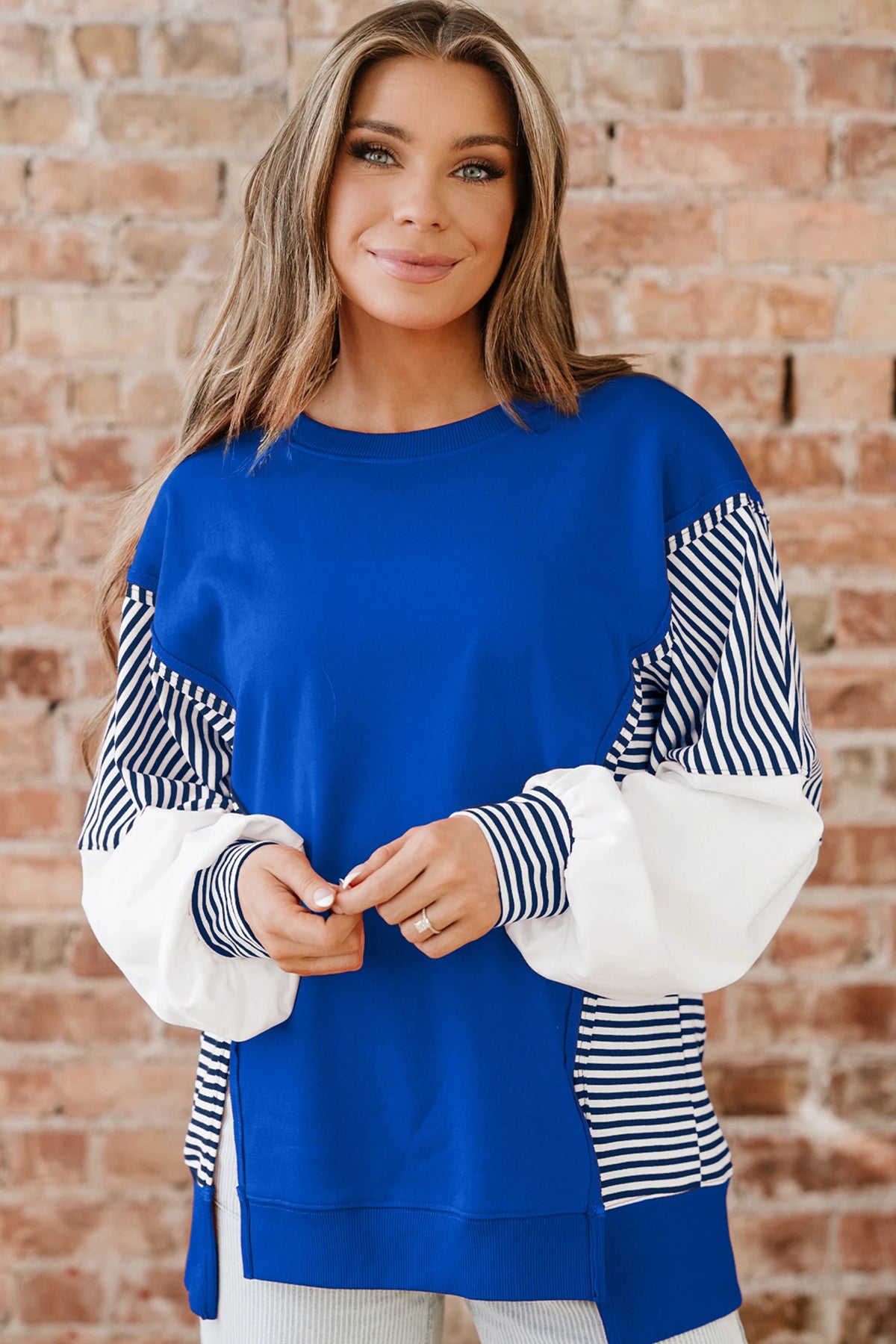 BLUE/STRIPED COLORBLOCK OVERSIZED FRECH TERRY TOP