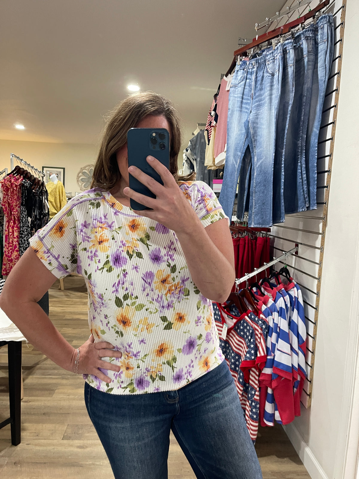 WHITE Floral Ribbed Short Sleeve Knit Top