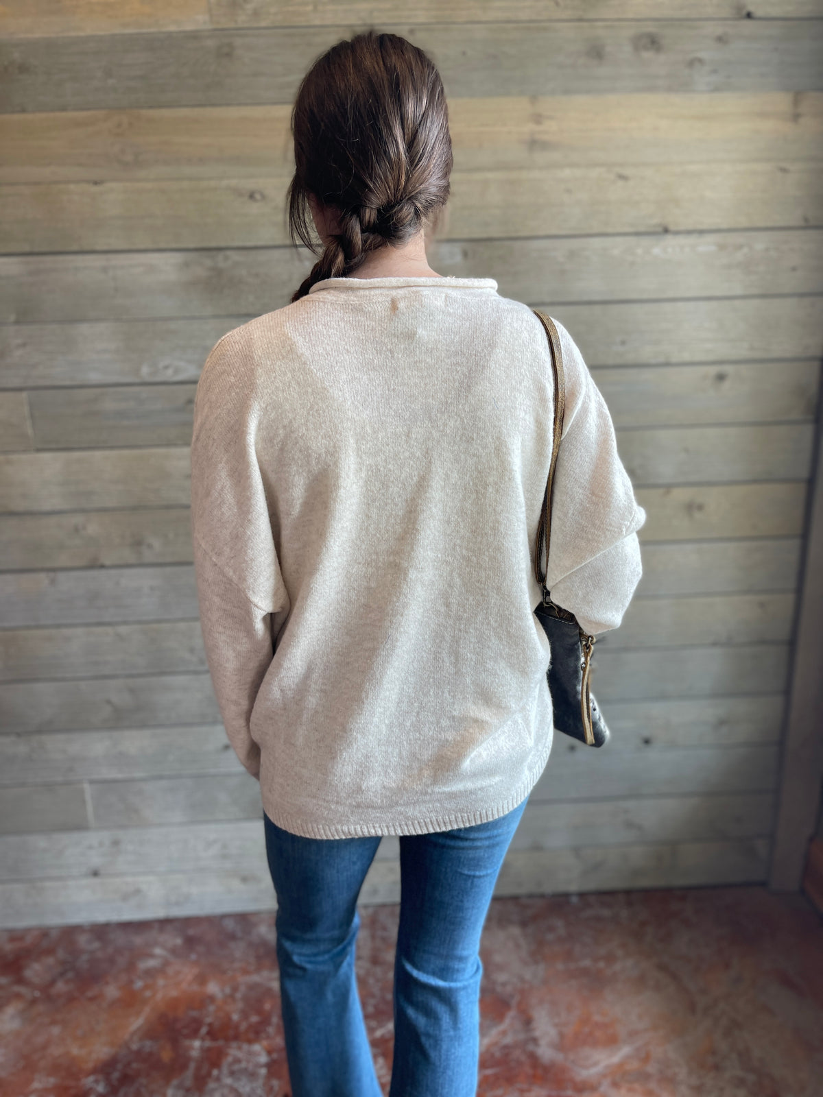 OATMEAL RAW ROLLED EDGE HENLEY RELAXED SWEATER