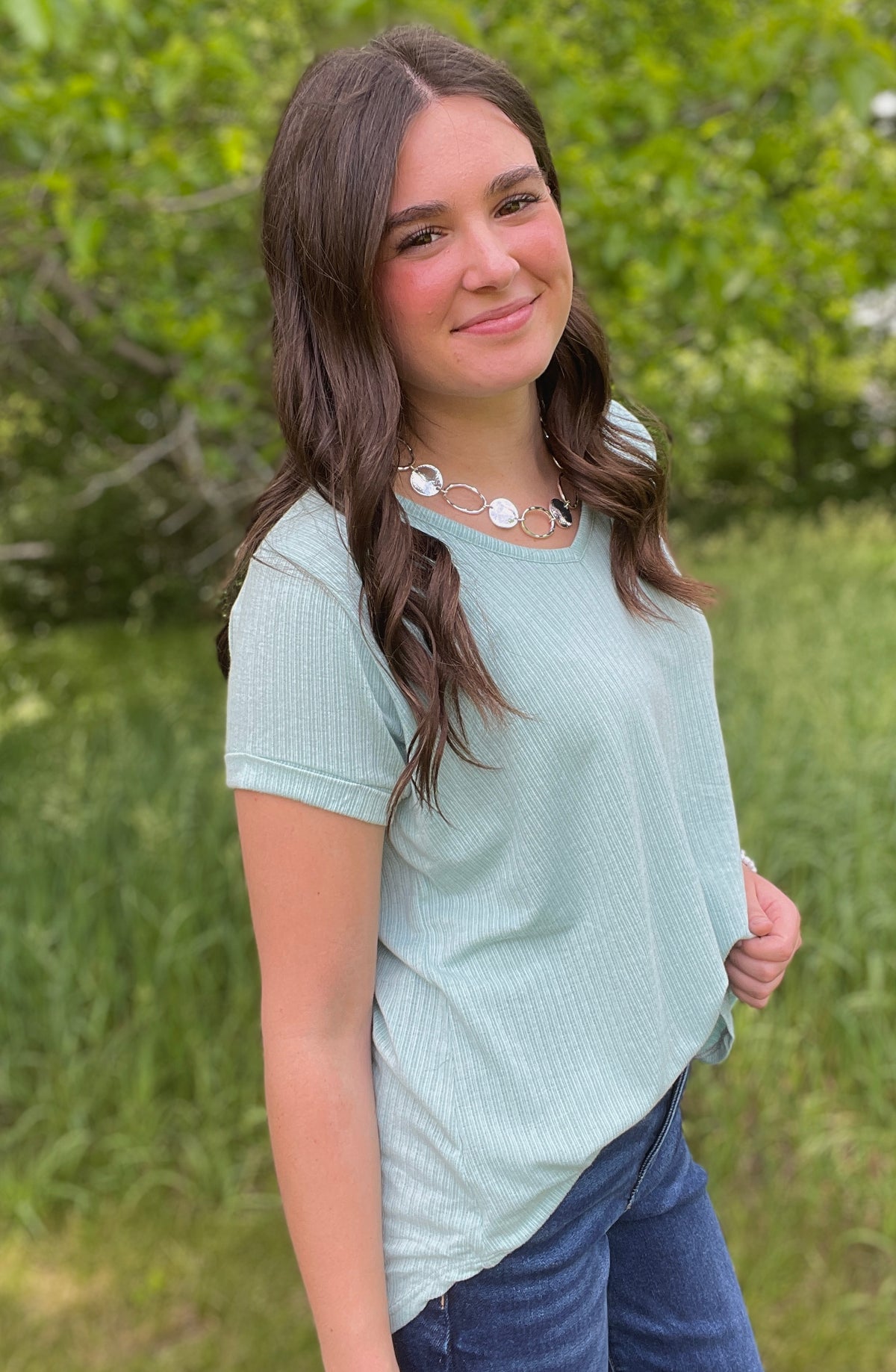 MINT RIBBED V NECK KNIT TOP