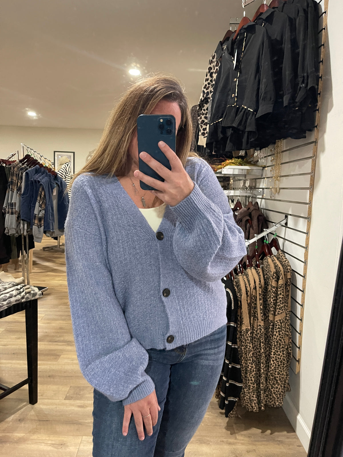 DUSTY BLUE V NECK BUTTON CARDIGAN/SWEATER