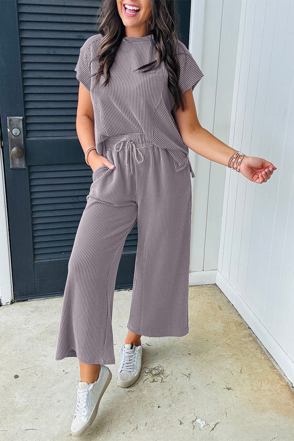 GREY RAISED RIBBED WIDE LEG PANT SET