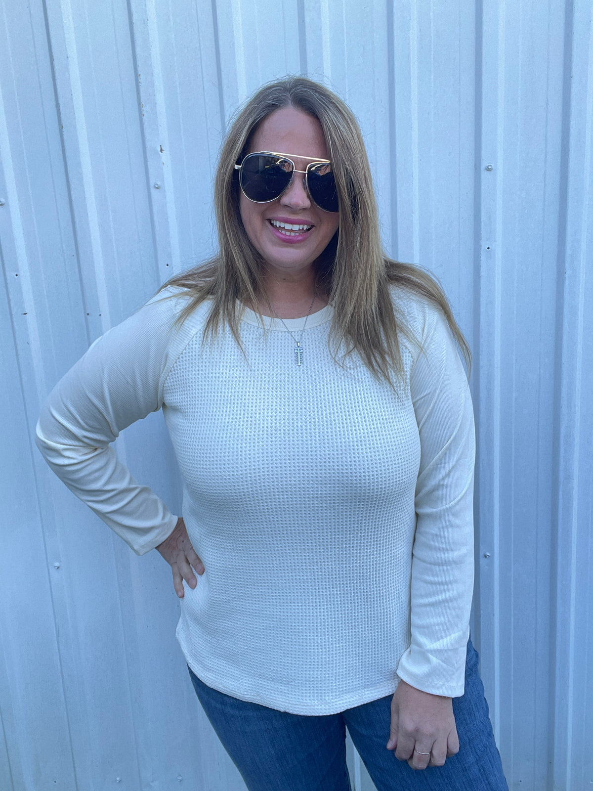 IVORY Waffle & Solid Mixed, Long sleeve Knit Top