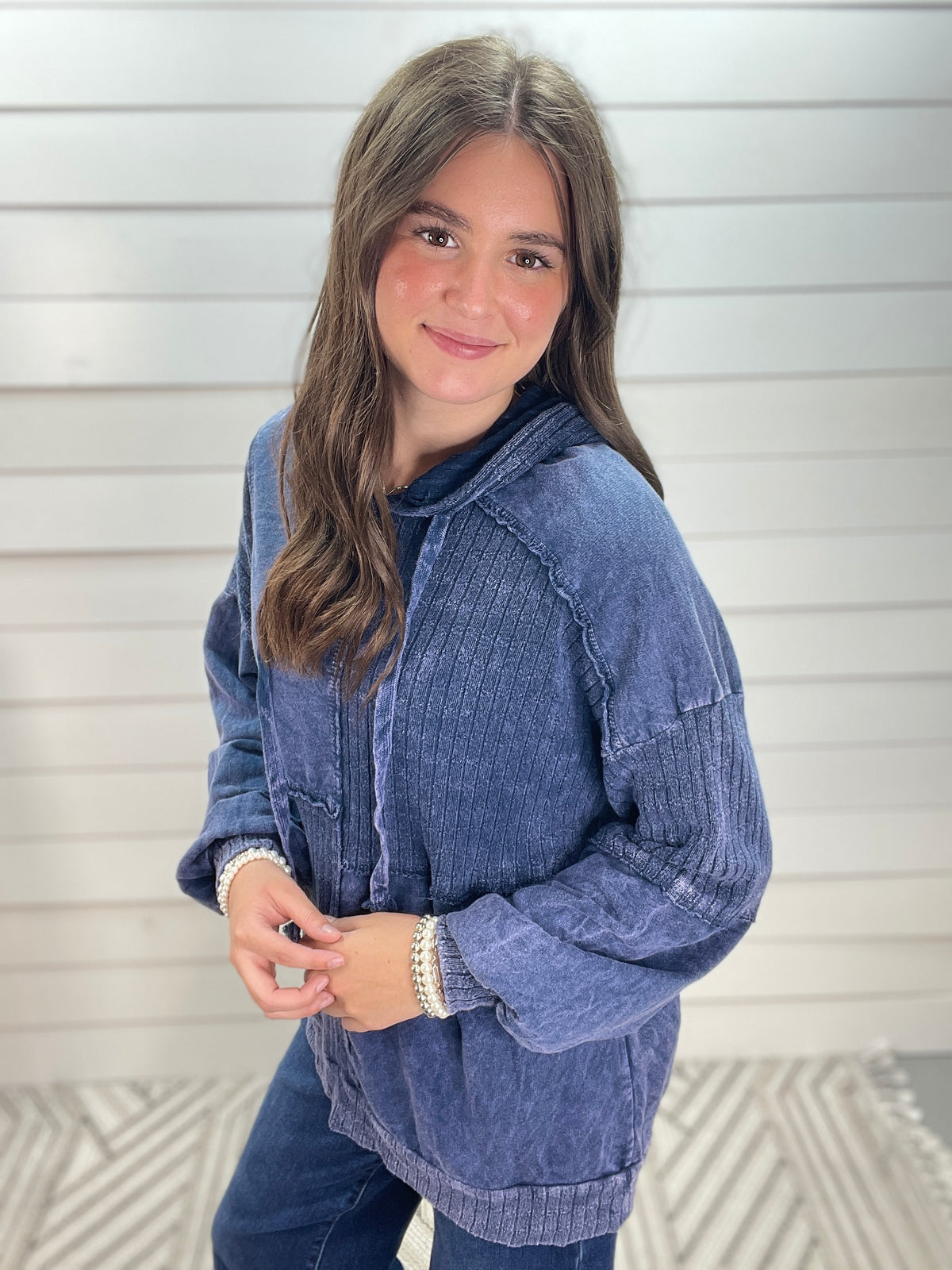 NAVY Mineral wash Sweater Block Stitched Hoodie Shirt