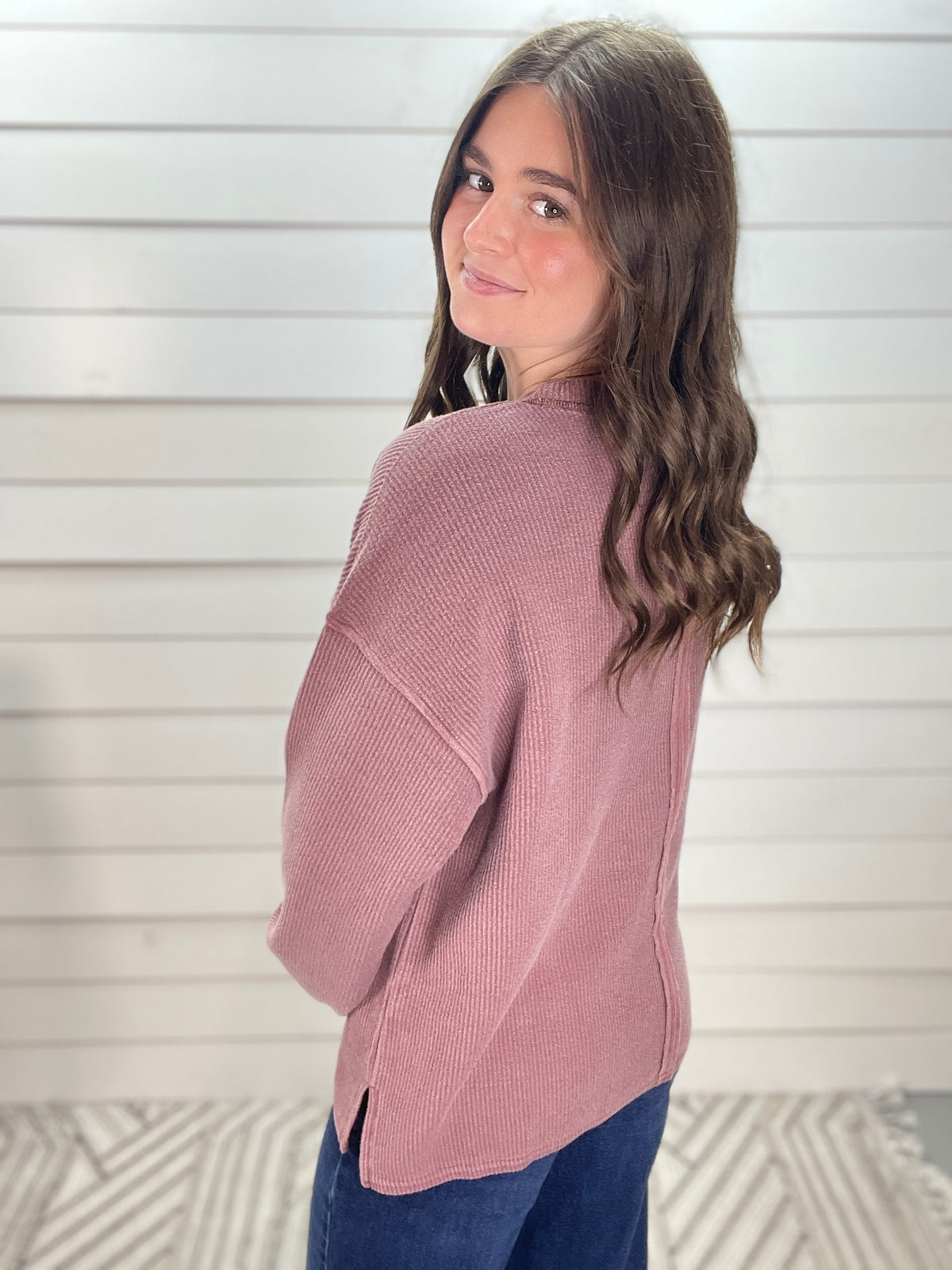 Burgundy Ribbed Textured Half Button Top