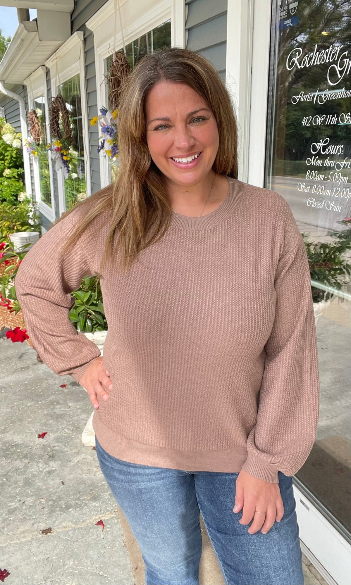 Mocha Textured, Crew Neck, Balloon Sleeve, Pullover knit top