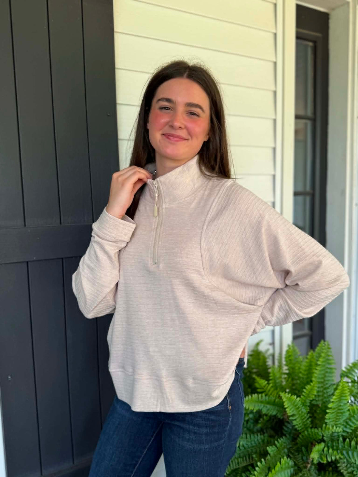 Oatmeal Stripe Textured Half Zip Up Long Sleeve Sweatshirt