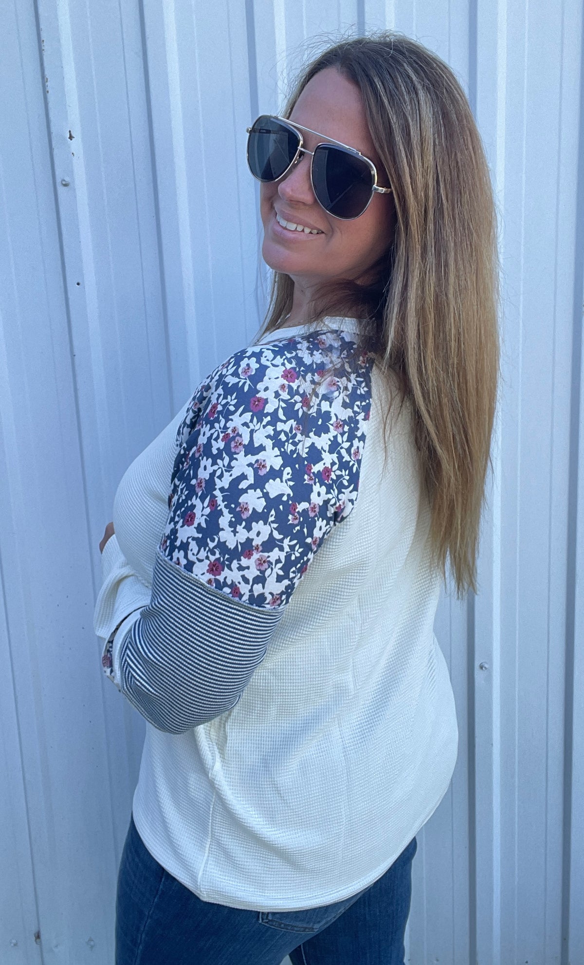 Ivory/Blue Floral Print And Stripe Blocked, Long Sleeve Waffle Top