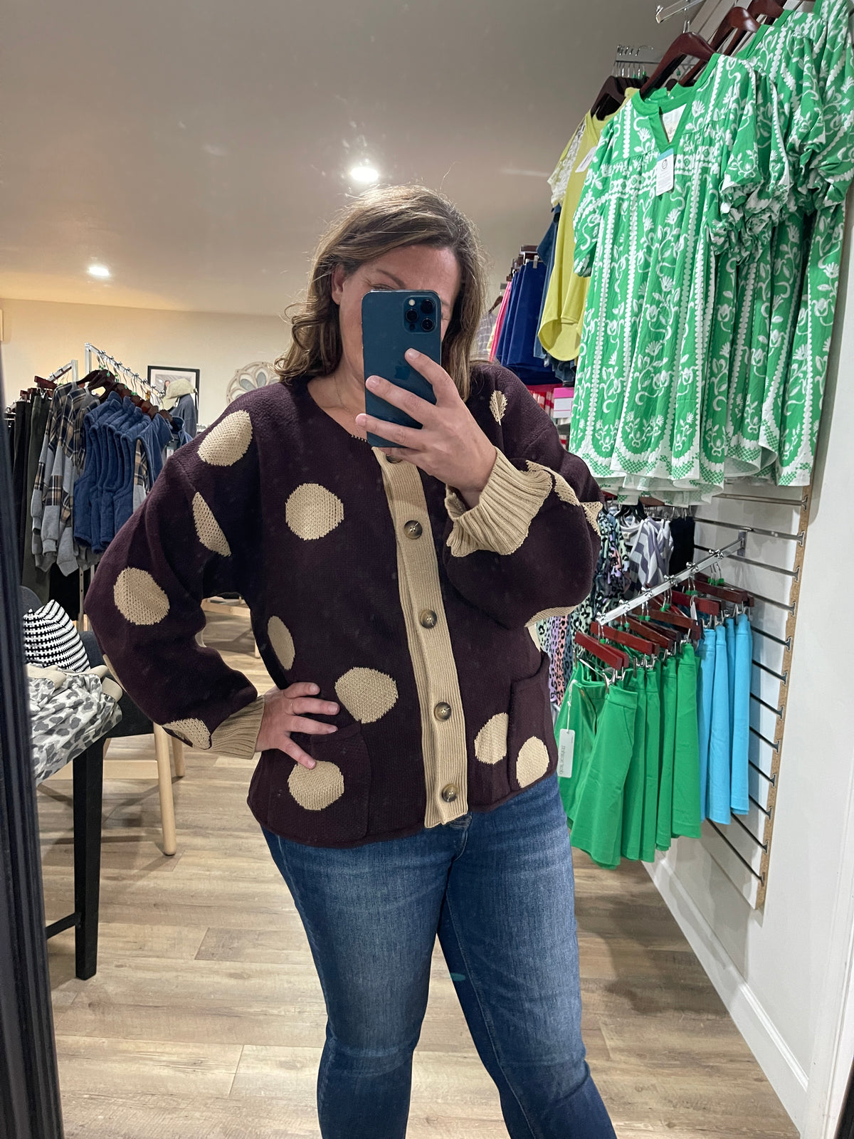 BURNETTE Round Neck Button Down Long Sleeve Polka Dot Jacquard Sweater Cardigan