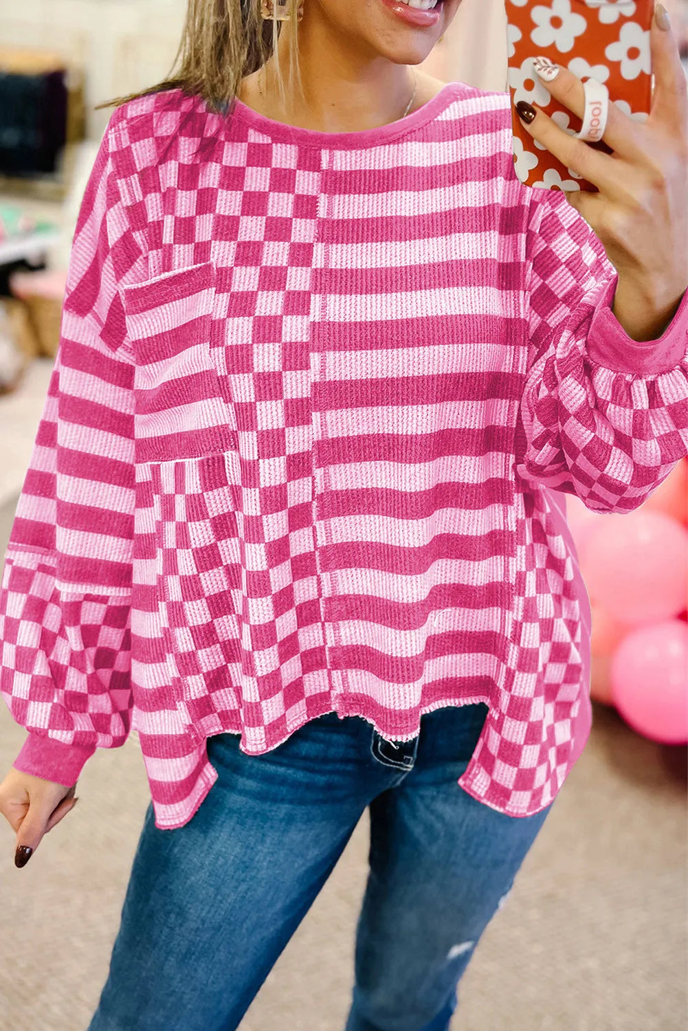 PINK OVERSIZED CHECKERED PATCHWORK KNIT TOP