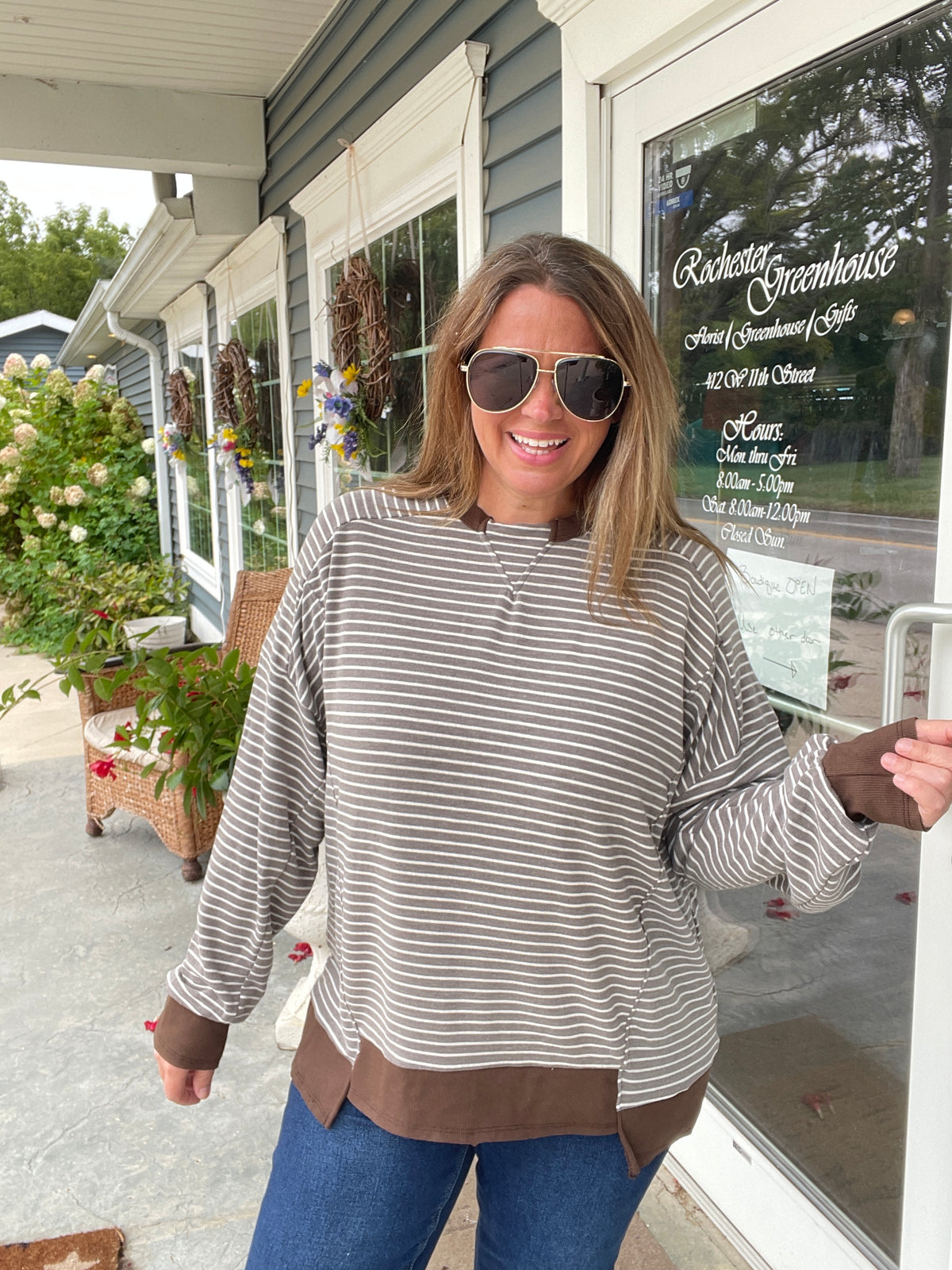 BROWN Drop Shoulder Long Sleeve Loose Fit Yarn Dye Stripe Knit Top With Ribbed trim